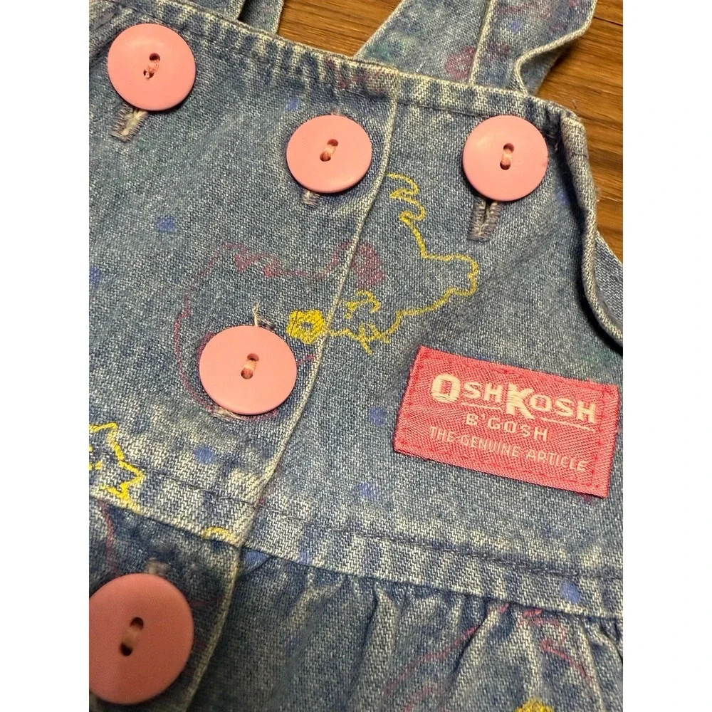 Vtg Oshkosh B'gosh Vestbak USA Blue Denim Cat‎ Flowers Overalls 3/6 Months Baby